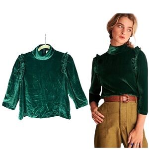 Sezane Velvet Jackie Blouse SMALL Green 3/4 Sleeve Top Grunge Forest Fairy
